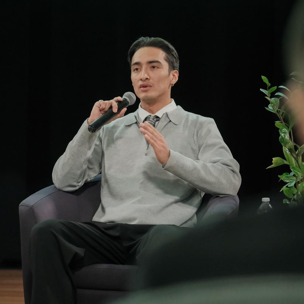Student Diego Francois-Flores speaking at a panel during LangaraFest 2026.
