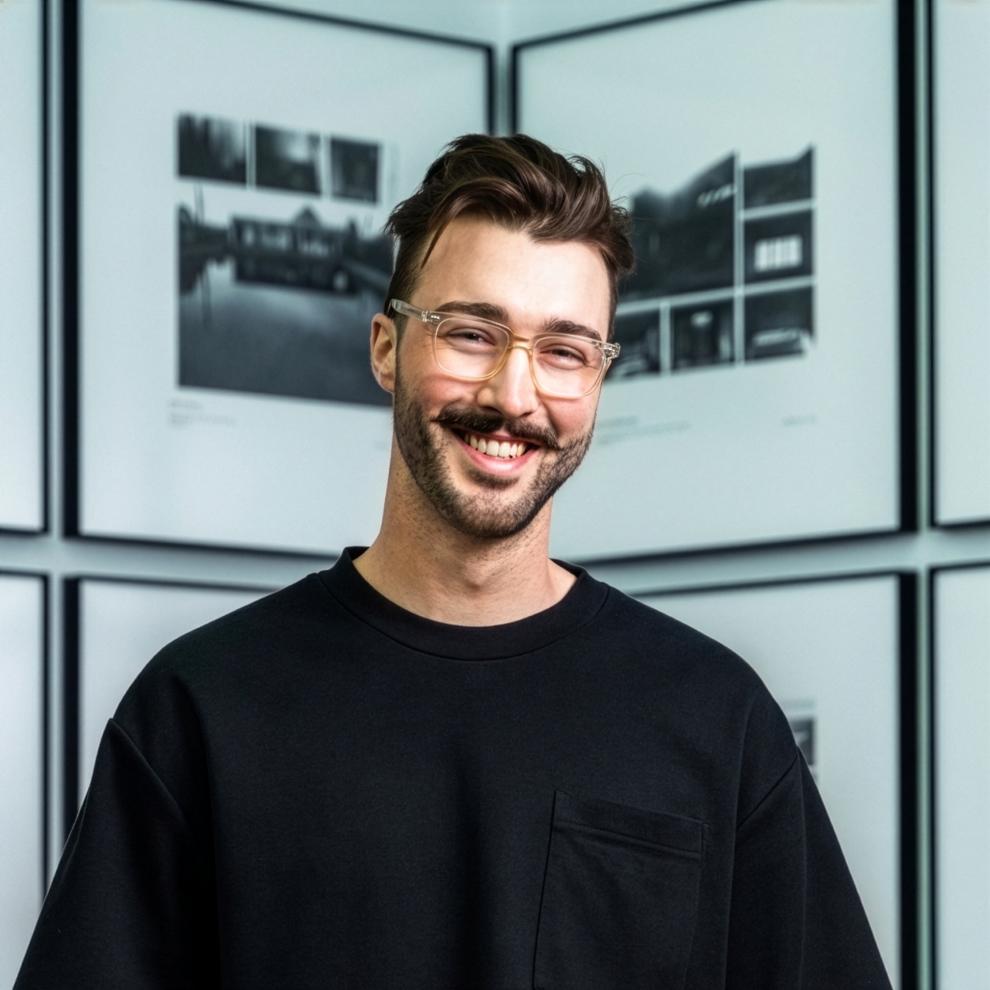Smiling person wearing clear-framed glasses and a black shirt, standing in front of a wall of framed black-and-white design images.
