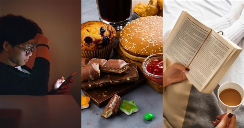 A trio of images: a student reading his phone, unhealthy snacks, and someone reading a book and drinking coffee.