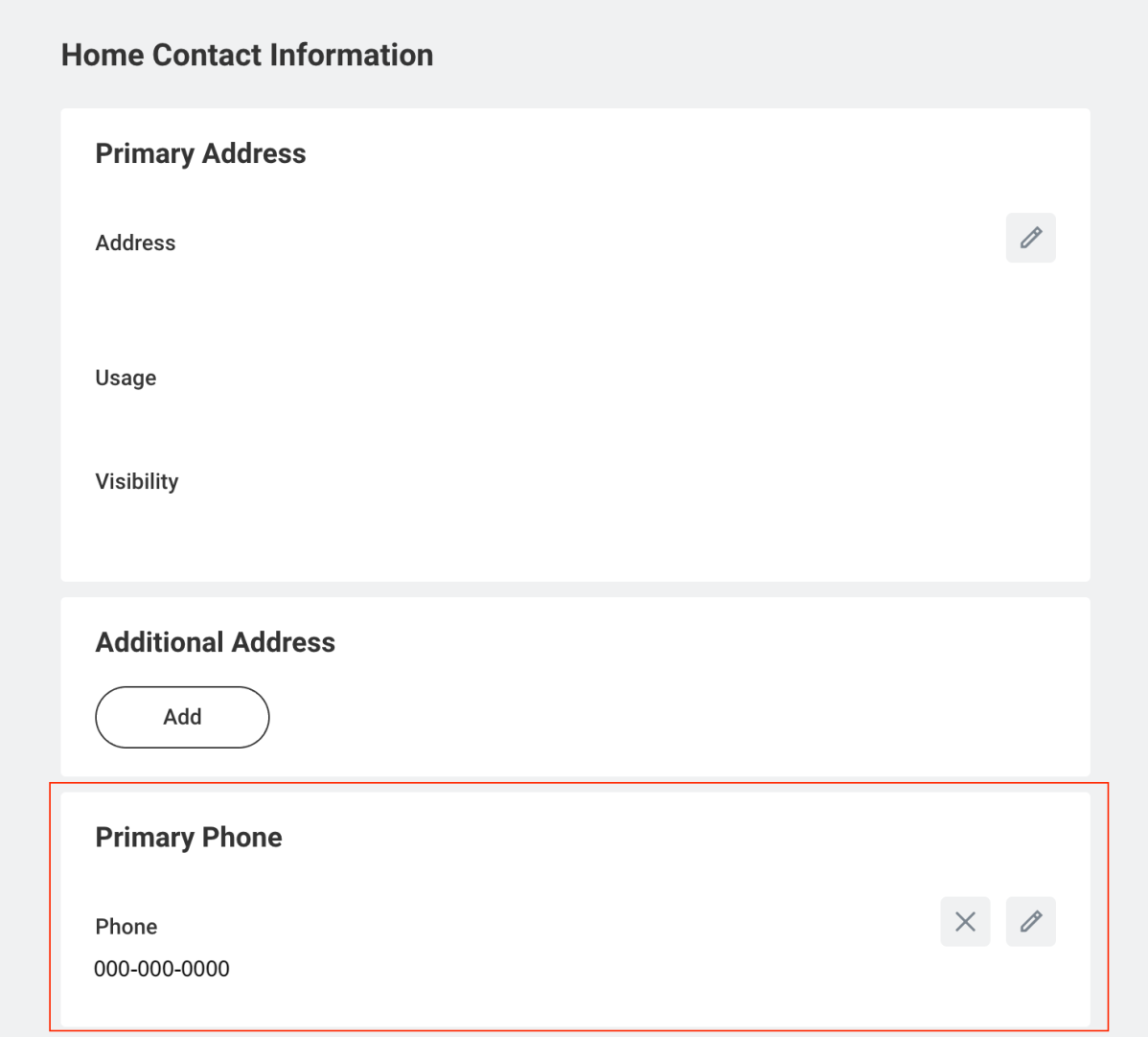 workday screen showing how to change phone number
