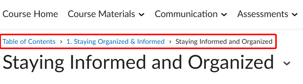 Screenshot of Brightspace breadcrumb navigation