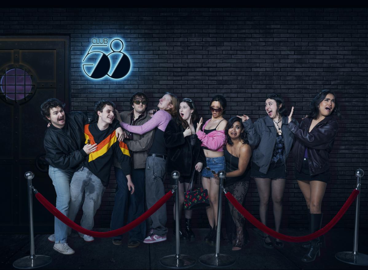A lineup of students photoshopped into a club line behind a red velvet rope