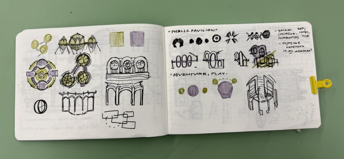 Student notebook with sketches of architectural elements.
