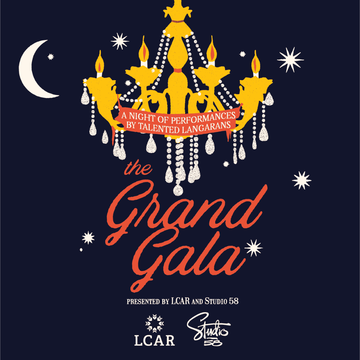 A graphic image of a chandelier with The Grand Gala written in orange cursive. 