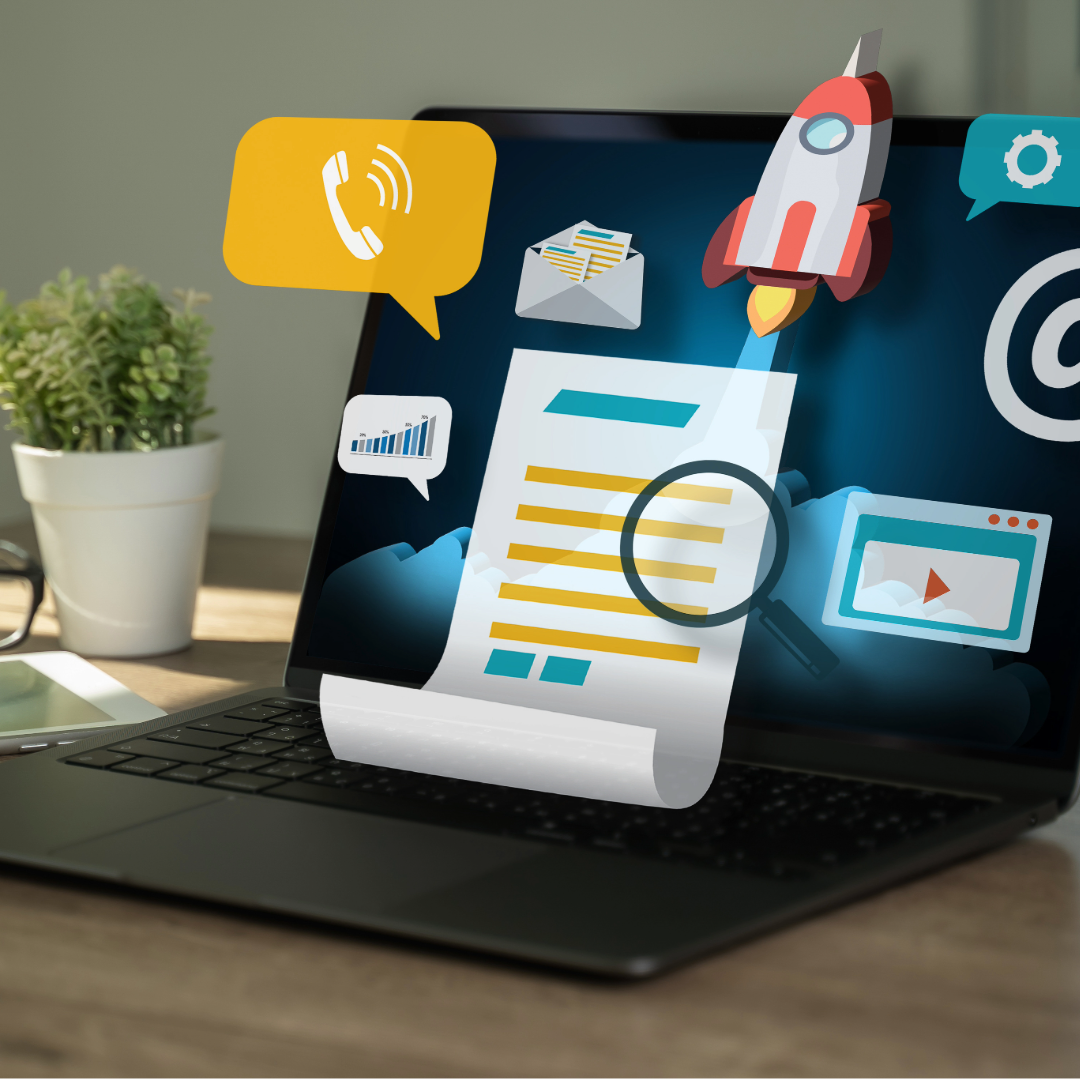 Square graphic showing integrated marketing communications with icons like a wireless telephone, a laptop, email
