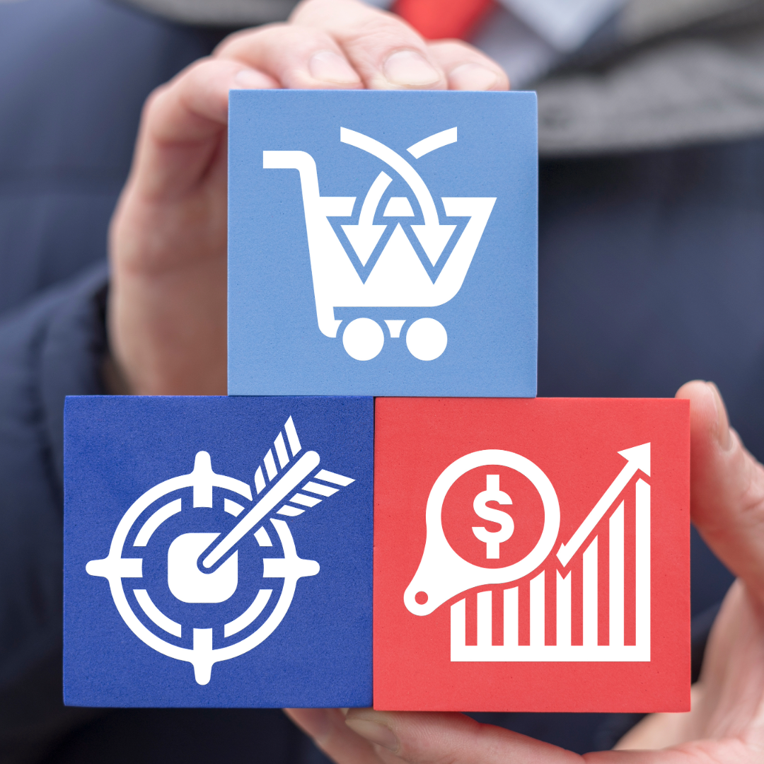 Square showing three blocks with a shopping cart on top, a bullseye and money chart on the bottom implying sales and money increasing