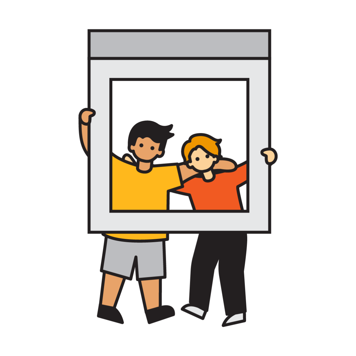 Two students posing for a photograph and hugging.