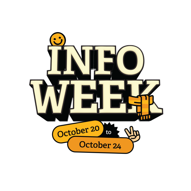 INFO WEEK" in large, bold letters with a smiling face above the "I" and a scarf wrapped around the "K". Below, two orange banners display the dates "October 20 to October 24", separated by a black starburst shape and a hand showing a peace sign.