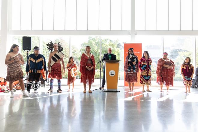 Indigenous Engagment and Initiatives Executive Director, Graeme Joseph, with the Coastal Wolf Pack at Langara College's 2025 National Day for Truth and Reconciliation kick-off event.
