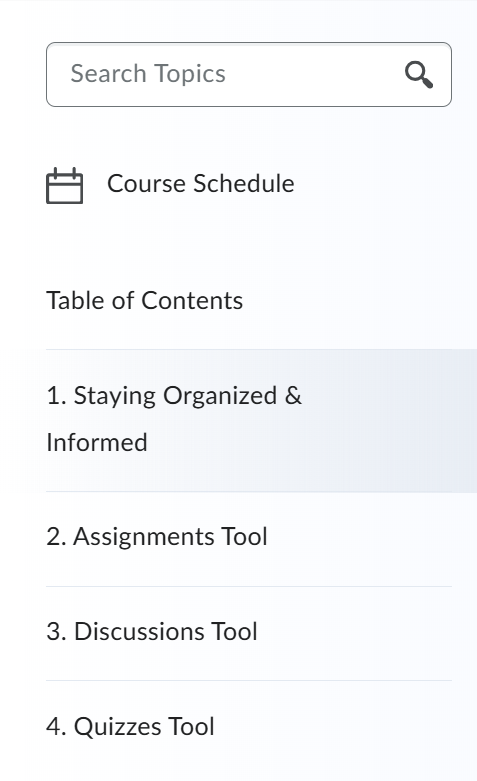 Screenshot of Brightspace table of contents