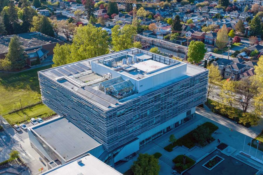 Langara T Building is LEED Gold Certified and features solar panels on the roof to provide energy for the building.