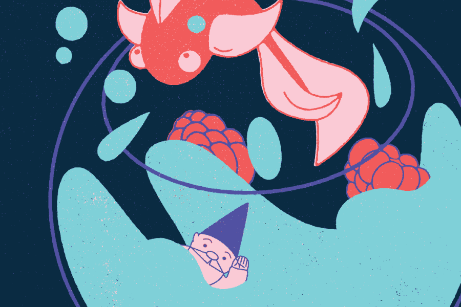 A graphic of a fishbowl with a fish jumping out of it, surrounded by water droplets, three raspberries and a small friendly gnome. Below reads "Amélie Mar 25-Apr 18, 2027".