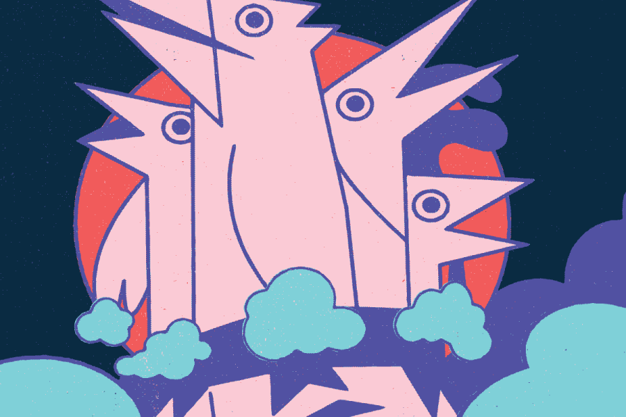 A graphic of abstract drawings of birds, cawing in different directions. Below, a devious-looking character hides among blue clouds. At the top reads "October 8-18, 2026 The Birds".