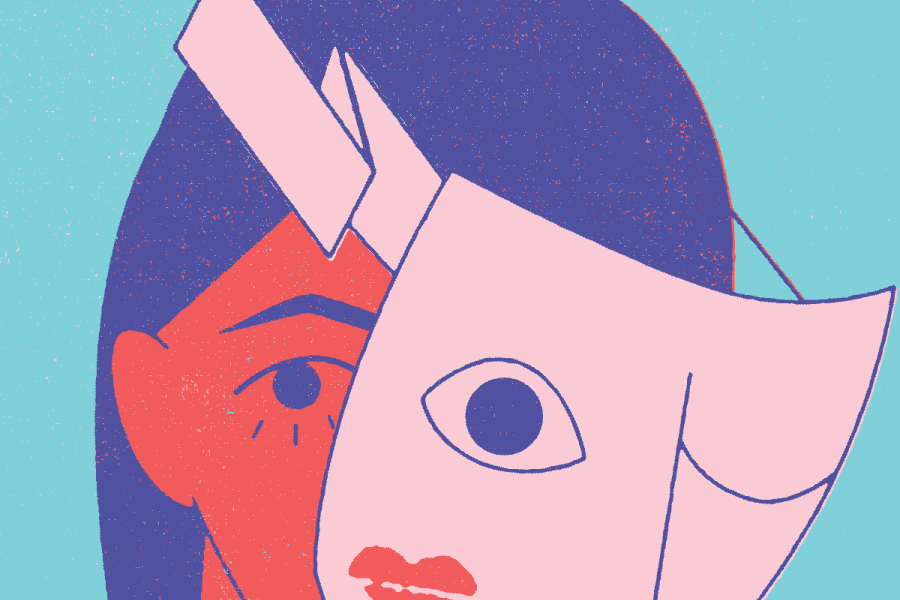 A graphic of person holding up a pink mask to their face. The drawing is an abstract style. Above reads "Nov 26-Dec 6, 2026 Twelfth Night" 
