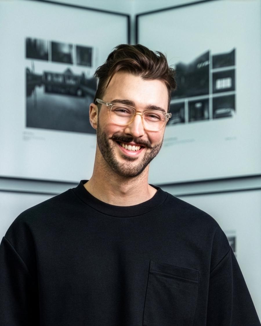 Smiling person wearing clear-framed glasses and a black shirt, standing in front of a wall of framed black-and-white design images.